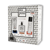 Sur un fond transparent, le coffret-cadeau pour homme de la marque Au Poil : il contient un gel lavant en 100ml, une eau de parfum 100ml et une brume fraîcheur en 70ml