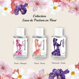 Fond beige avec des illustrations de fleurs en haut et en bas. En titre "Collection Eaux de Parfum en Fleur" et en-dessous les 3 flacons de la collection : Jolie Mademoiselle, Mademoiselle et Madame.