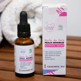 Flacon pipette en verre et étui carton de l'huile de soin pour peaux sensibles de la marque Clémence & Vivien