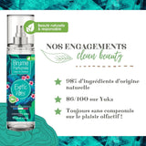 Un visuel sur fond bleu avec les engagements Clean Beauty de la brume parfumée Exotic Vibes : 98% d'ingrédients d'origine naturelle et 86/100 sur Yuka