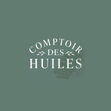 Sur fond vert terni, le logo blanc de la marque Comptoir des Huiles