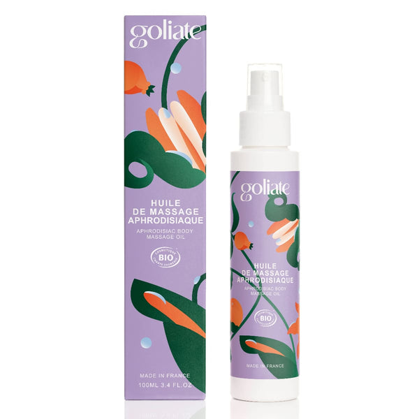 Sur fond blanc, un flacon d'huile de massage aphrodisiaque de la marque Goliate et un étui carton