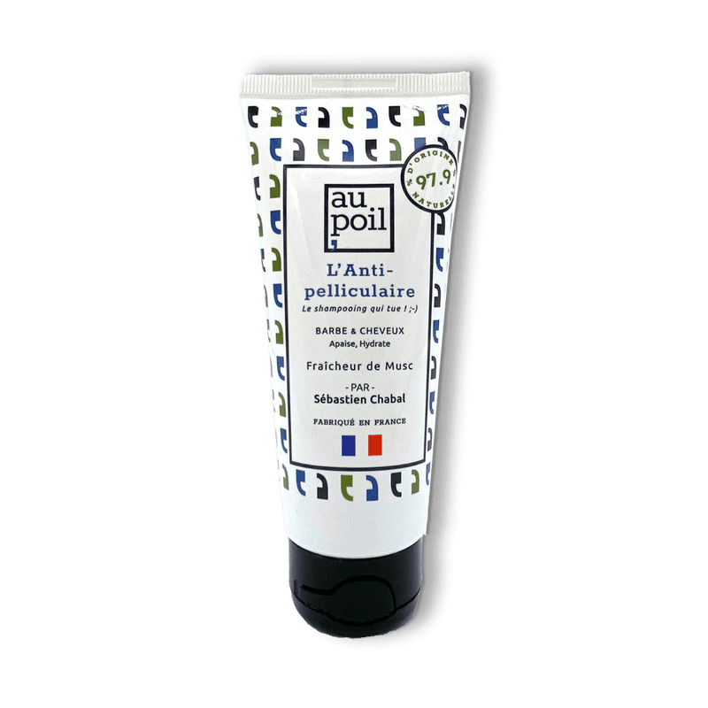 Tube de shampoing anti-pelliculaire barbe et cheveux de la marque Au Poil