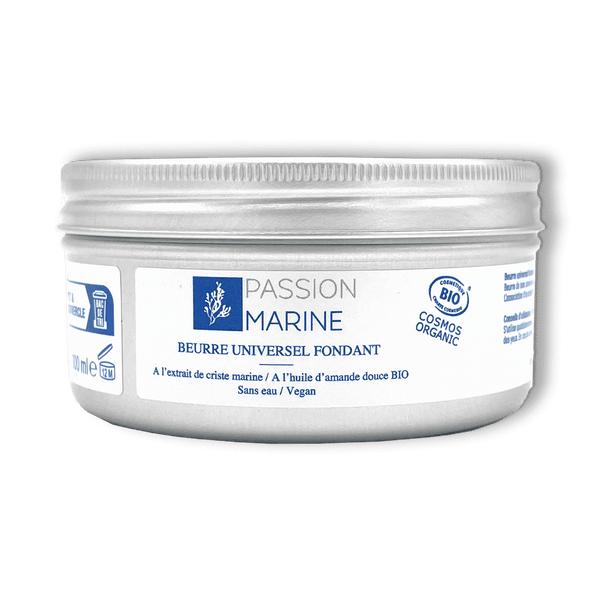Sur fond transparent, un pot en aluminium de beurre universel fondant pour le corps de la marque Passion Marine