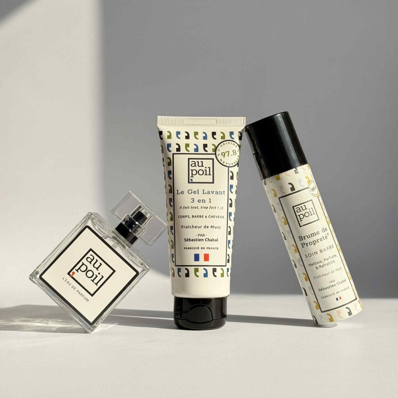 les 3 produits composant le coffret Au Poil Frais & Dispo : l'eau de parfum, le gel lavant 3-en-1 et la brume de propreté