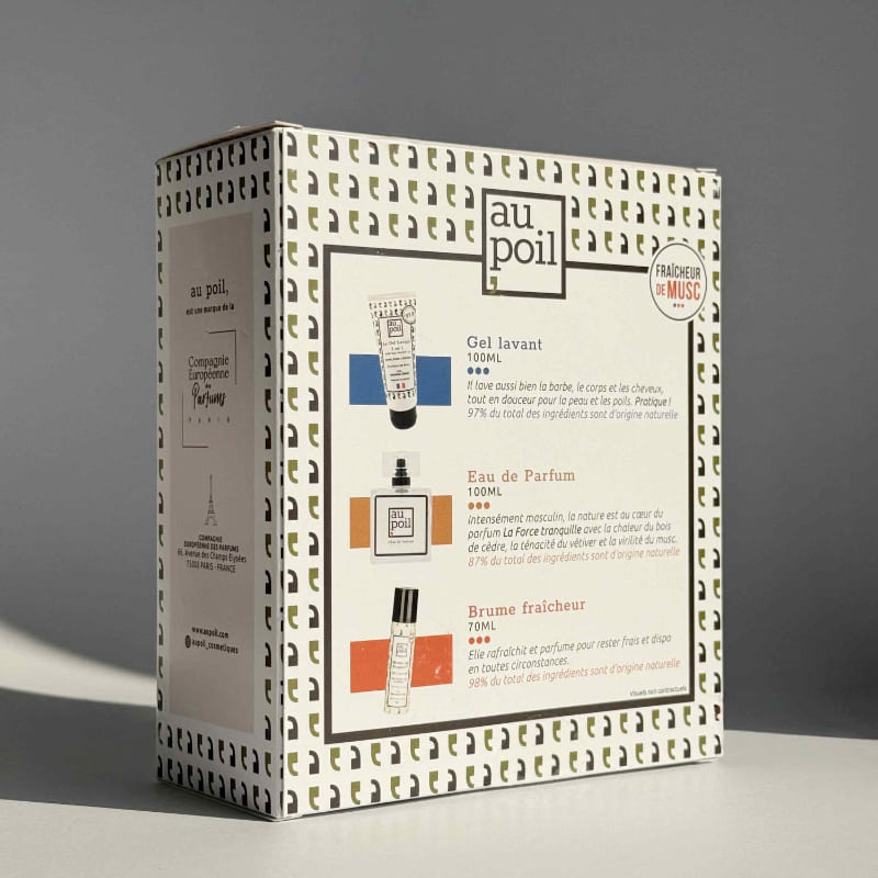 Vue de dos du coffret cadeau de soins de la marque Au Poil Cosmétiques par Sébastien Chabal