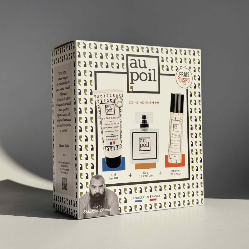 Coffret Frais & Dispo de la marque Au Poil de Sébastien Chabal, vu de face, avec la tranche visible