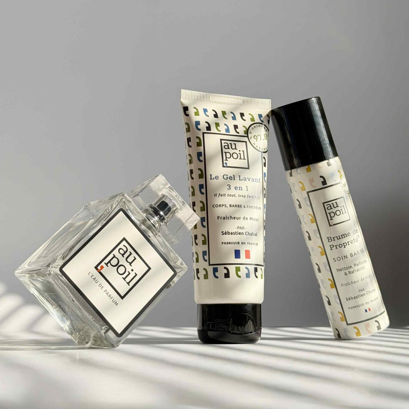 3 produits du coffret Frais & Dispo pour homme de la marque Au Poil de Sébastien Chabal : eau de parfum, gel lavant et brume de propreté