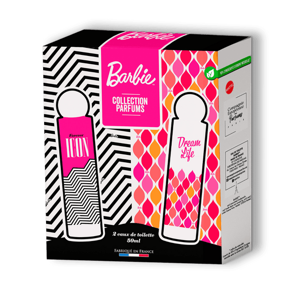 Sur fond transparent un coffret-cadeau parfum Barbie pour adulte contenant deux eaux de toilette Forever Icon et Dream Life
