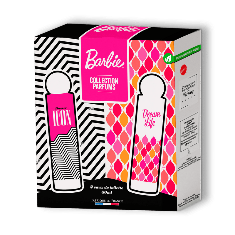 Sur fond transparent un coffret-cadeau parfum Barbie pour adulte contenant deux eaux de toilette Forever Icon et Dream Life