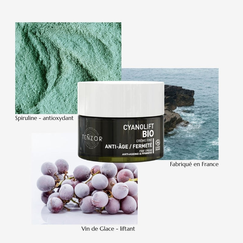 Présentation des actifs cosmétiques de la crème fine Cyanolift de la marque Tenzor