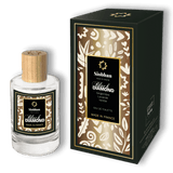 Le flacon en verre de l'eau de toilette Black Diamond de la marque Siobhan à côté de son étui en carton