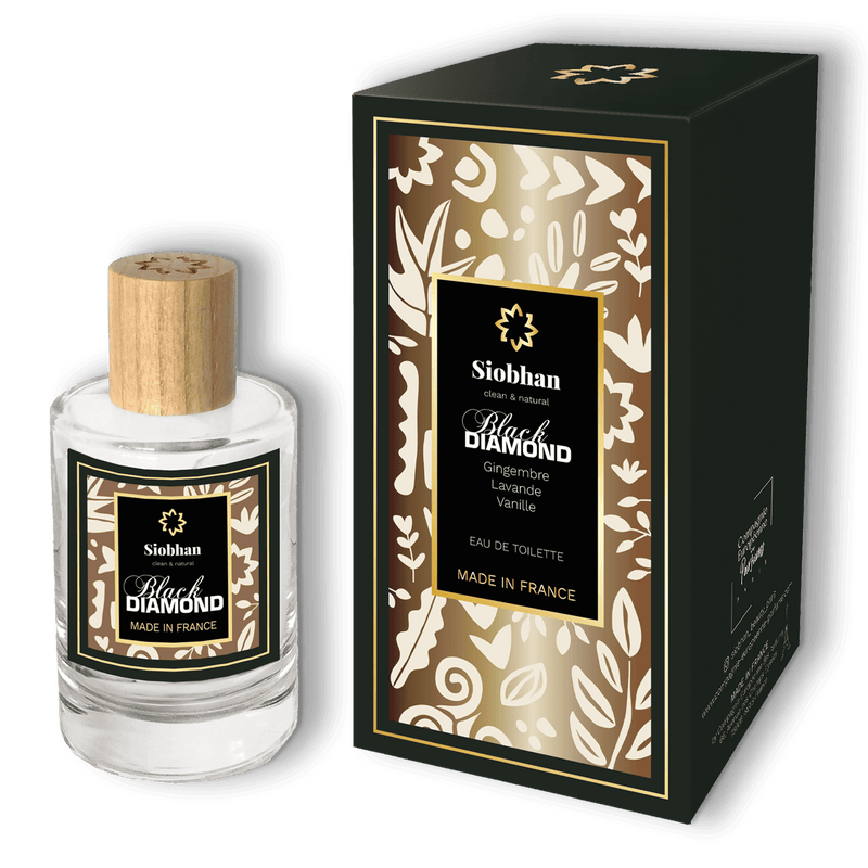 Le flacon en verre de l'eau de toilette Black Diamond de la marque Siobhan à côté de son étui en carton