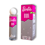 Sur fond transparent, le flacon en verre de l'eau de toilette pour femme Barbie Forever Icon, créée par la Compagnie Européenne des Parfums