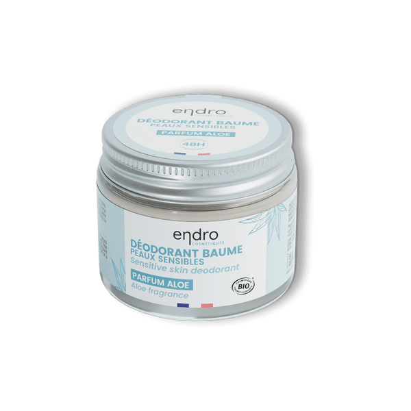 Pot en verre avec couvercle aluminium du déodorant baume solide peaux sensibles de la marque Endro Cosmétiques