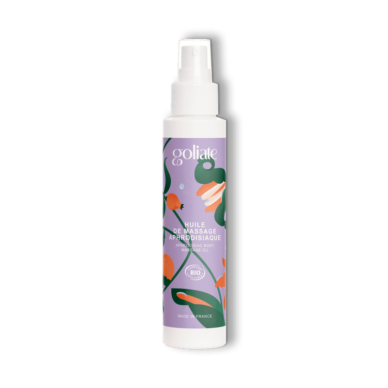 Flacon pompe d'huile de massage aphrodisiaque bio de la marque Goliate