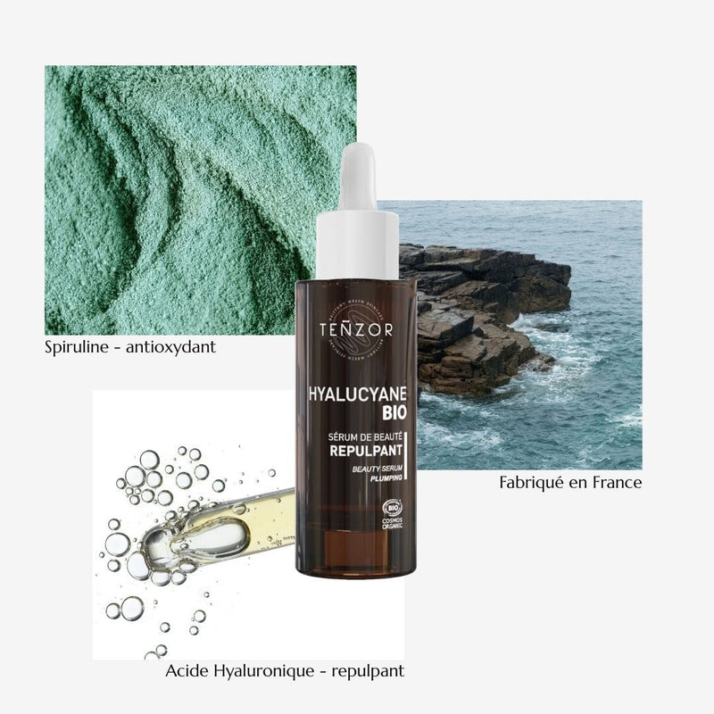 Présentation des actifs cosmétiques du sérum Hyalucyane de la marque Tenzor :spiruline antioxydante et acide hyaluronique repulpant