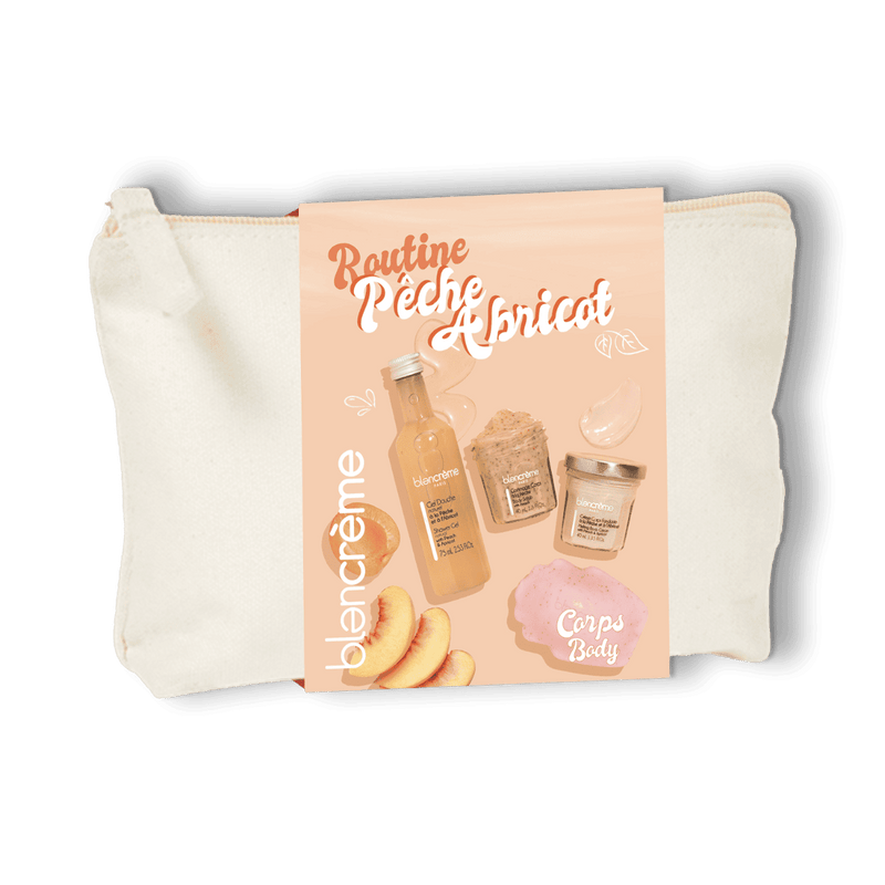 Trousse cadeau routine pêche abricot de la marque Blancrème avec un gel douche, un gommage, un savon en forme de madeleine et un soin hydratant pour le corps