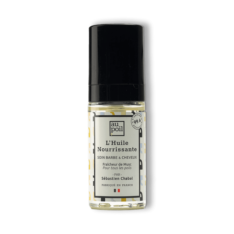 Flacon d'huile nourrissante pour la barbe et les cheveux de la marque Au Poil