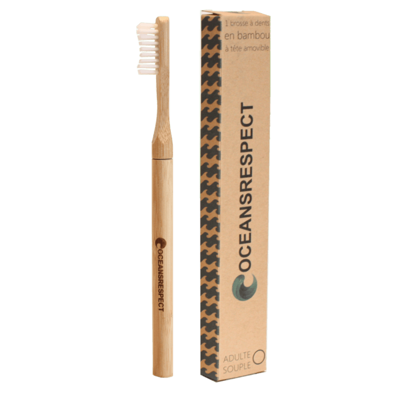 Sur fond transparent, une brosse à dent en bambou rechargeable avec une tête amovible, accompagnée de son étui en carton