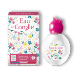 Sur fond transparent, un flacon et un étui en carton de l'eau de senteur Eau de Corolle