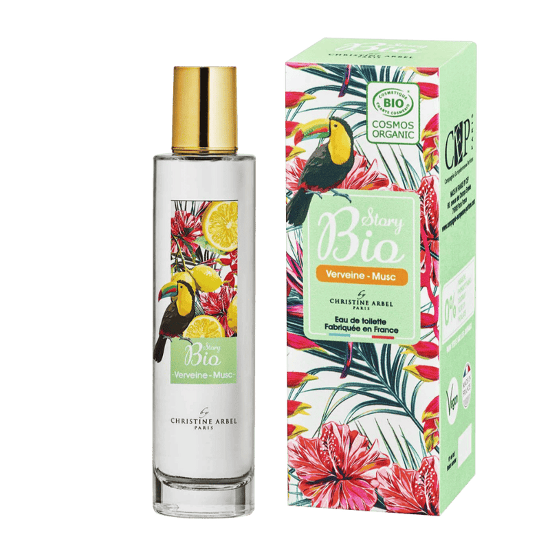 Le flacon en verre de l'eau de toilette Story Bio Verveine-Musc de la marque Christine Arbel à côté de son étui en carton