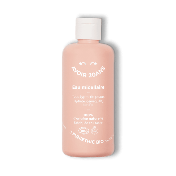 Flacon en plastique rose pâle d'eau micellaire voir 20 Ans de la marque Fun!Ethic