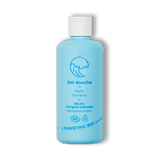 Flacon en plastique bleu de gel douche marin extra doux de la marque Fun!Ethic