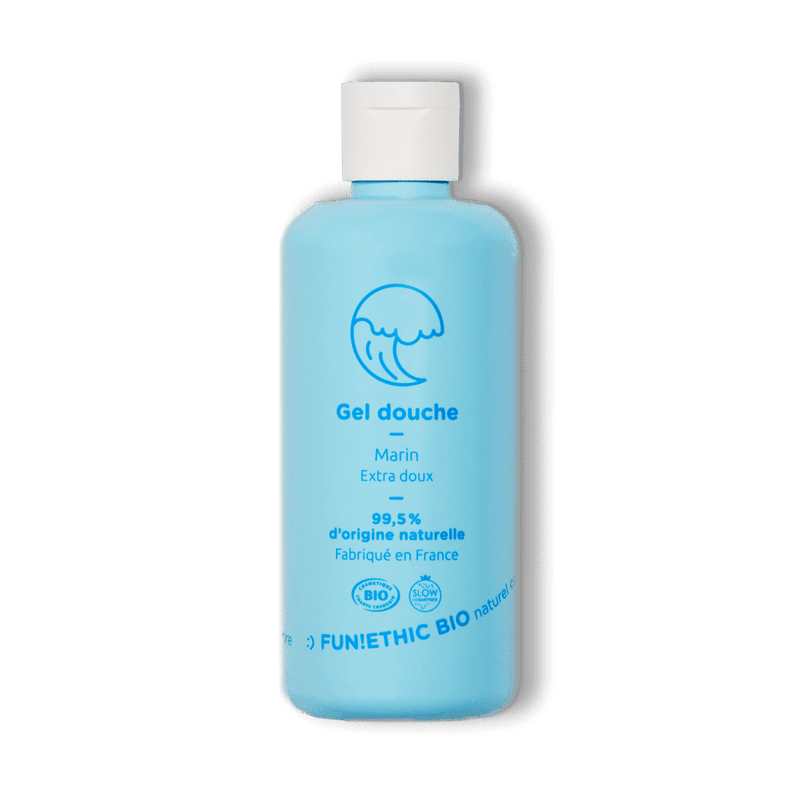 Flacon en plastique bleu de gel douche marin extra doux de la marque Fun!Ethic