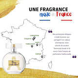 Sur un fond blanc, avec des traces de peinture dorée en haut à gauche et en bas sur toute la largeur.
En haut à droite, un titre "Une fragrance Made In France" soulignée d'un drapeau français.
Sur la gauche, une carte de France indiquant les lieux où sont sourcés ou produits chaque élément de l'eau de toilette Paris C'est Chic.
Sur la droite une citation du PDG de la Compagnie Européenne des Parfums sur l'éthique de l'entreprise et le savoir-faire français.
