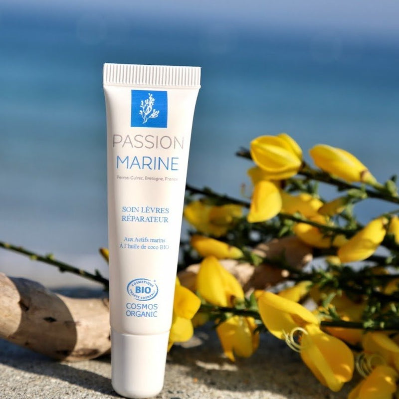Sur une plage, un tube de baume à lèvres réparateur de la marque Passion Marine