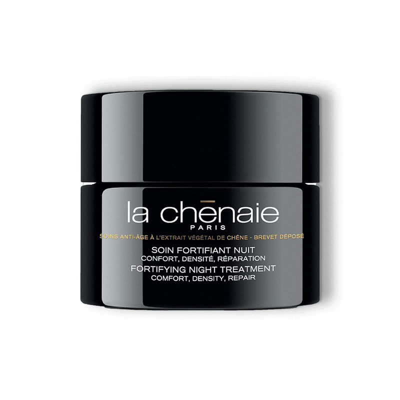 Un pot en plastique noir de soin fortifiant nuit La Chênaie, une crème de nuit anti-âge et réparatrice