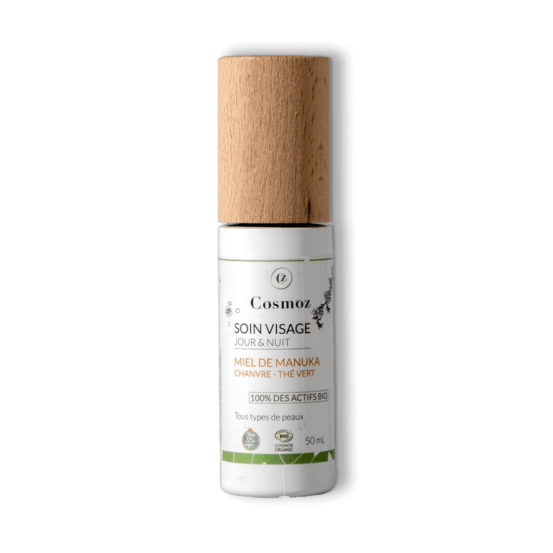 Flacon de soin visage hydratant jour et nuit au miel de manuka, chanvre et thé vert anti-imperfections de la marque Cosmoz